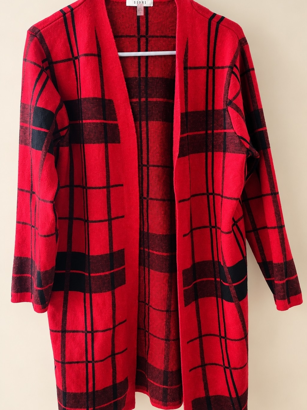 Sioni Red Plaid Open-Front Cardigan Sweater